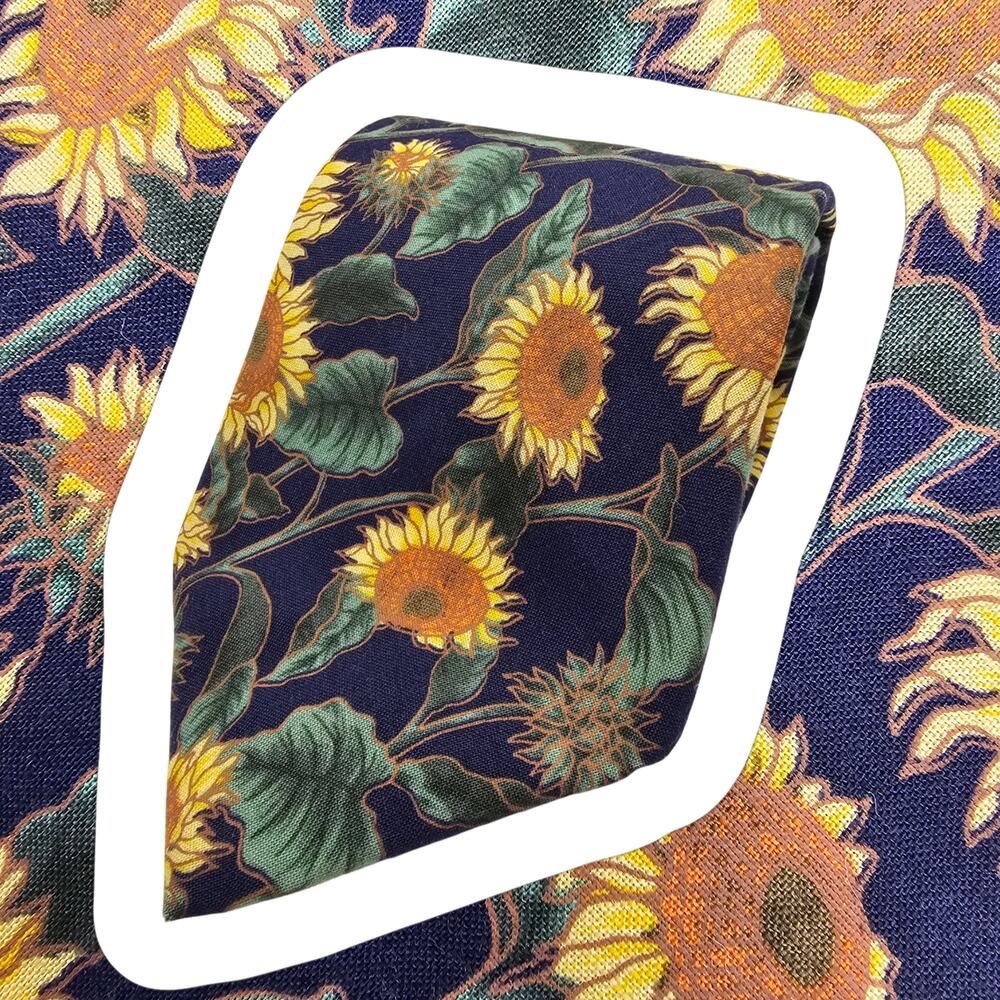 Tango by Max Raab Novelty Tie Cotton Mens Floral Sunflower Navy Blue USA 56"